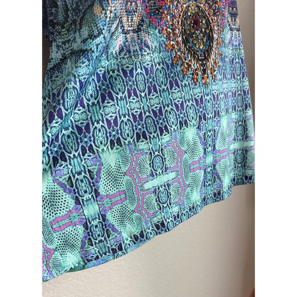 Venus XL Cami Top Blue Boho Embellished Beaded Strappy Back Medallion Print Art - Picture 8 of 11